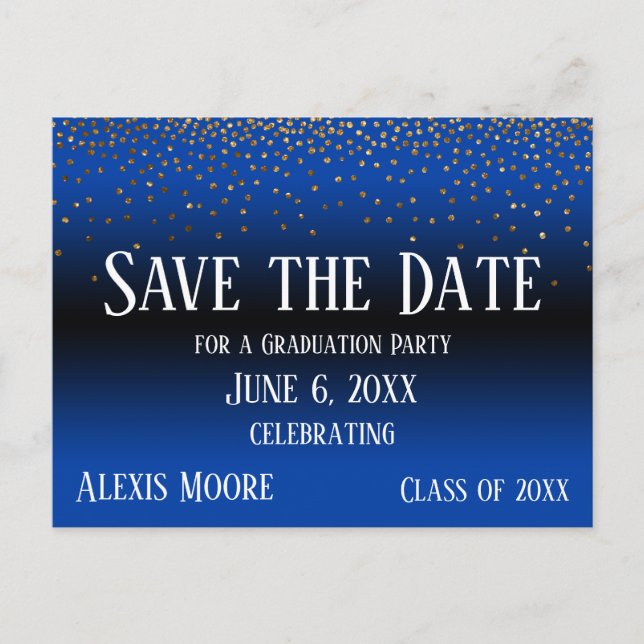 Gold Confetti Blue Ombre Abschluss Save the Date Postkarte (Vorderseite)