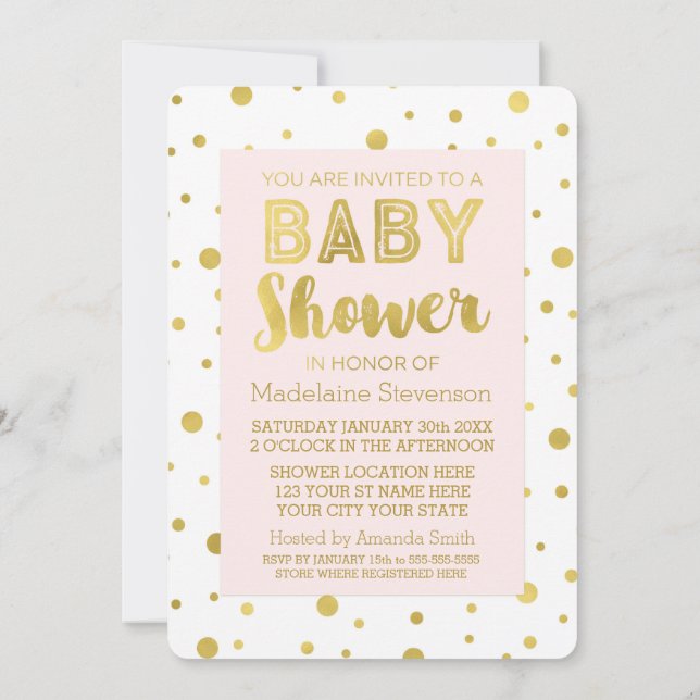 Gold Confetti Blush Pink Babydusche Einladungen (Rückseite)