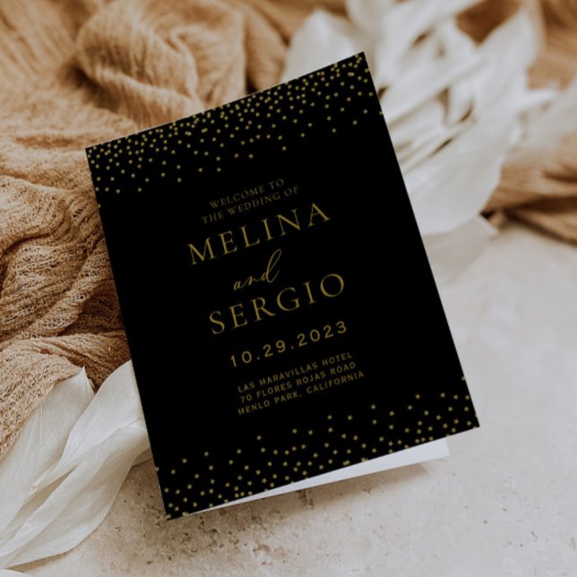 Gold Confetti Boho Black Folded Wedding Programm (Von Creator hochgeladen)