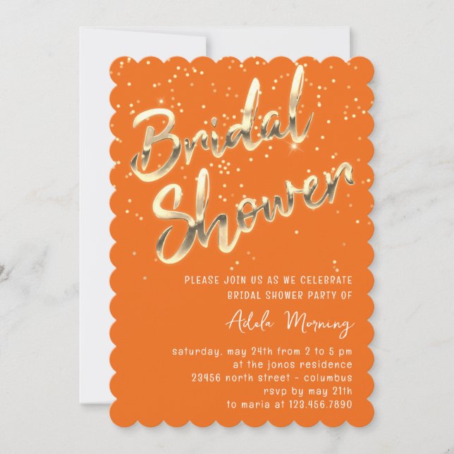 Gold Confetti Brautparty Script Orange Einladung (Vorderseite)