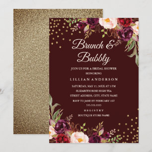 Gold Confetti Burgund Blumenbrunch und Bubbly Einladung