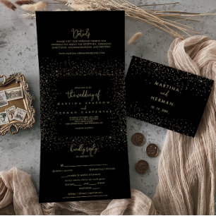 Gold Confetti Calligrafy Extravagant Script Weddin Dreifach Gefaltete Einladung