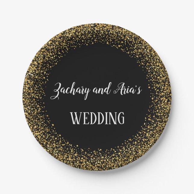 Gold Confetti Calligraphy | Black Wedding Teller (Vorderseite)