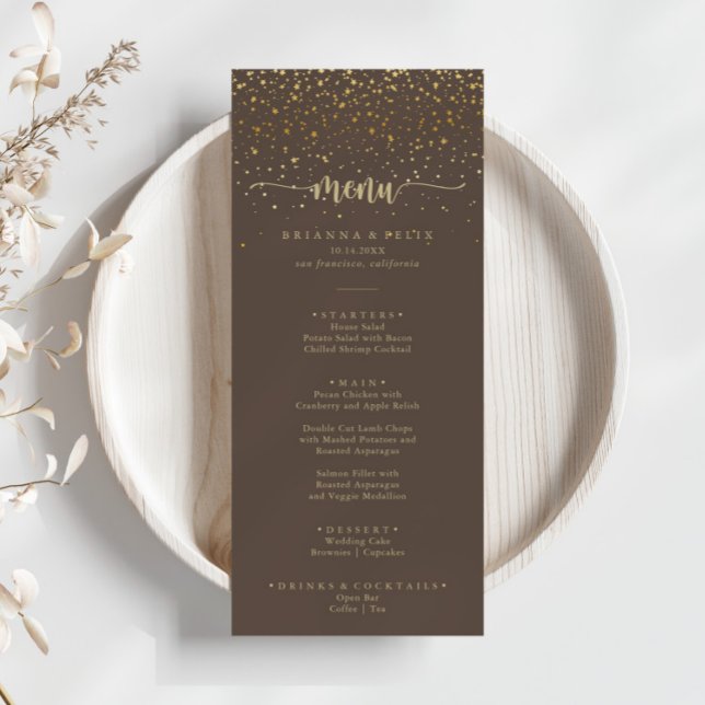 Gold Confetti Calligraphy Brown Dinner Menu Menükarte (Von Creator hochgeladen)