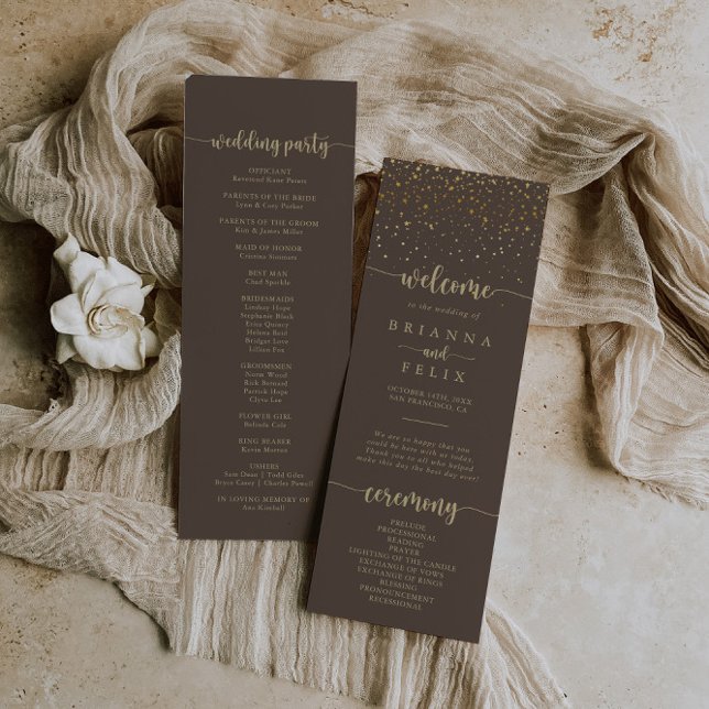 Gold Confetti Calligraphy Brown Wedding Programm (Von Creator hochgeladen)