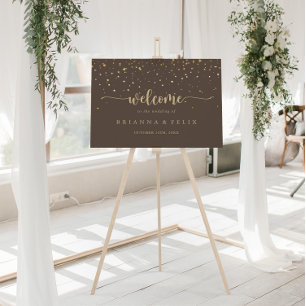 Gold Confetti Calligraphy Brown Wedding Willkommen Poster