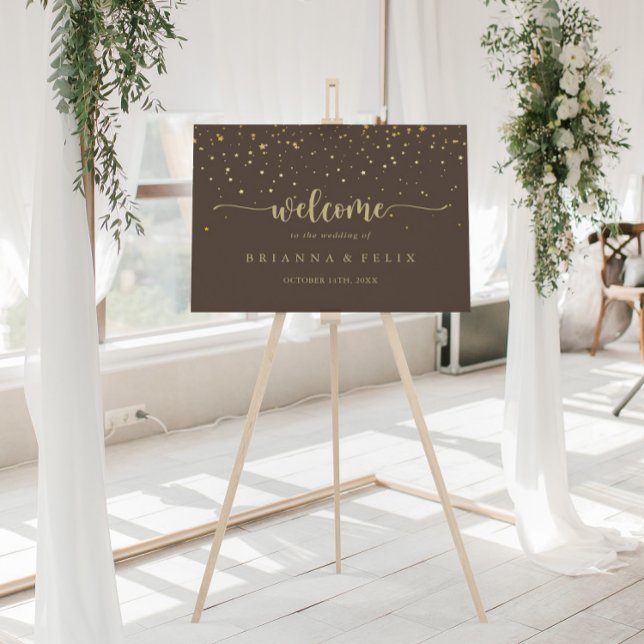 Gold Confetti Calligraphy Brown Wedding Willkommen Poster (Von Creator hochgeladen)