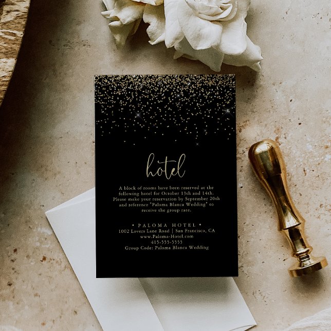 Gold Confetti Calligraphy Extravagant Script Hotel Begleitkarte (Von Creator hochgeladen)
