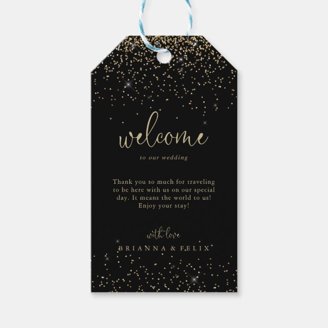Gold Confetti Calligraphy Script Wedding Willkomme Geschenkanhänger (Vorderseite)