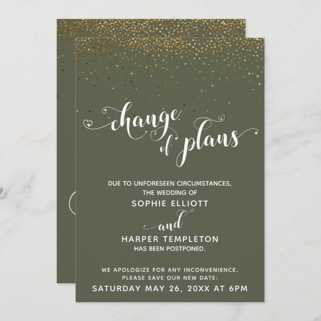 Gold Confetti & Chive Green Change of Plans Card Einladung (Vorne/Hinten)
