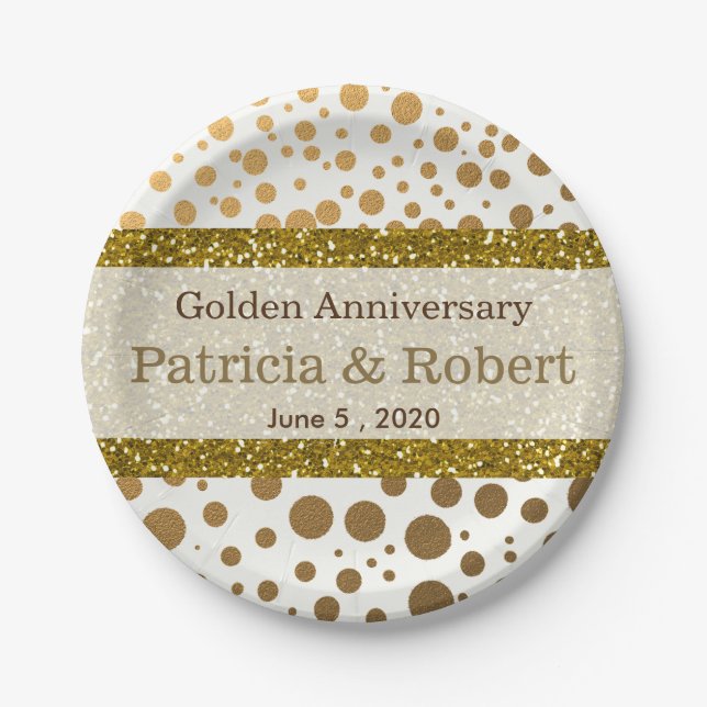 Gold Confetti Dots 50. Hochzeitstag Pappteller (Vorderseite)