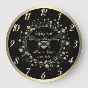 Gold Confetti Dots Black 25. Hochzeit Große Wanduhr