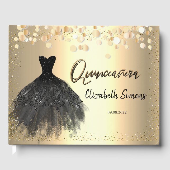 Gold Confetti Dots, Black Dress Quinceañera Gästebuch (Vorderseite)