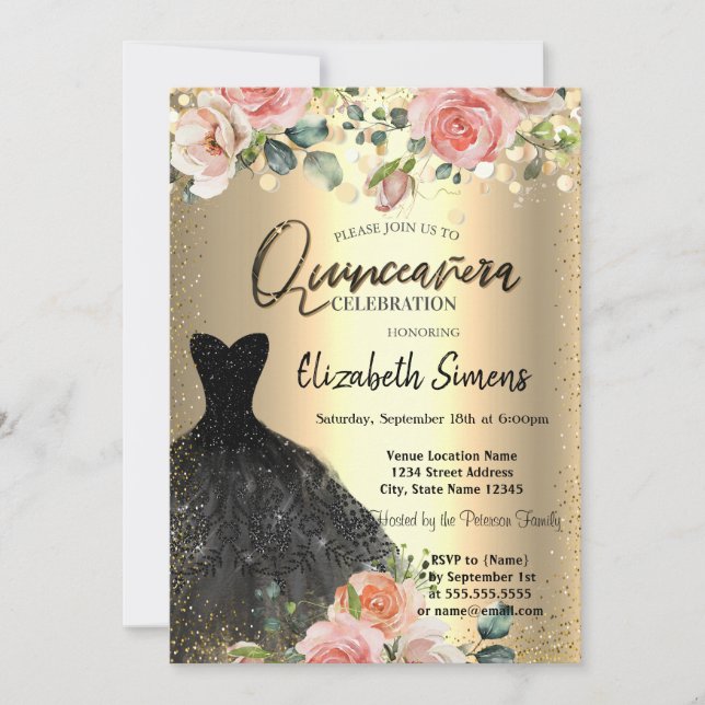 Gold Confetti Dots, Black Dress Rose Quinceañera Einladung (Vorderseite)