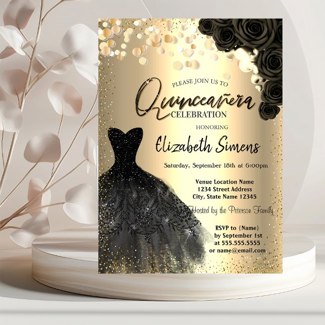 Gold Confetti Dots, Black Dress Rose Quinceañera Einladung (Von Creator hochgeladen)