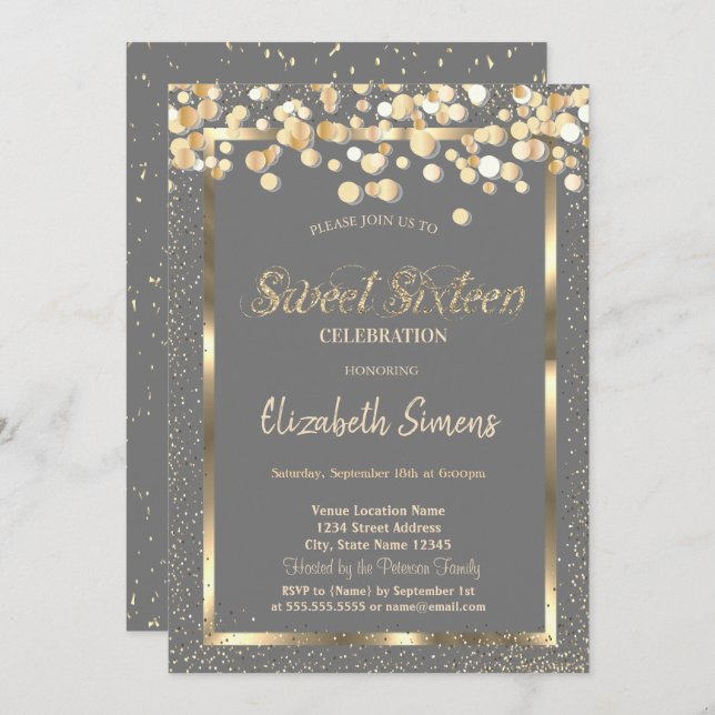 Gold Confetti Dots Brown Sweet 16 Einladung (Vorne/Hinten)