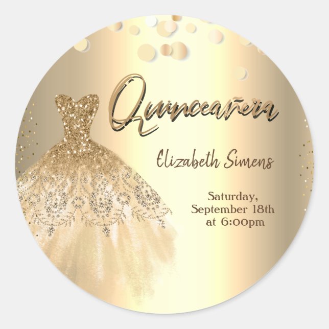 Gold Confetti Dots, Chic Dress Quinceañera Runder Aufkleber (Vorderseite)