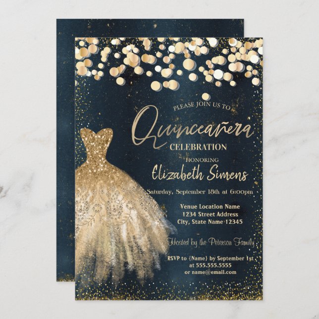 Gold Confetti Dots, Dress Dark Blue Quinceañera Einladung (Vorne/Hinten)