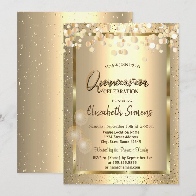 Gold Confetti Dots Frame Balloons Quinceañera Einladung (Vorne/Hinten)