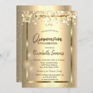 Gold Confetti Dots Frame Balloons Quinceañera Einladung