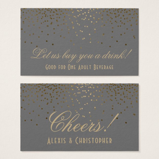 Gold Confetti Dots Gray Wedding Drinks Tickets (Vorne & Hinten)