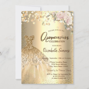 Gold Confetti Dots, Kleid, Rose Quinceañera Einladung