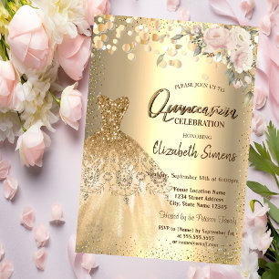 Gold Confetti Dots, Kleid, Rose Quinceañera Einladung