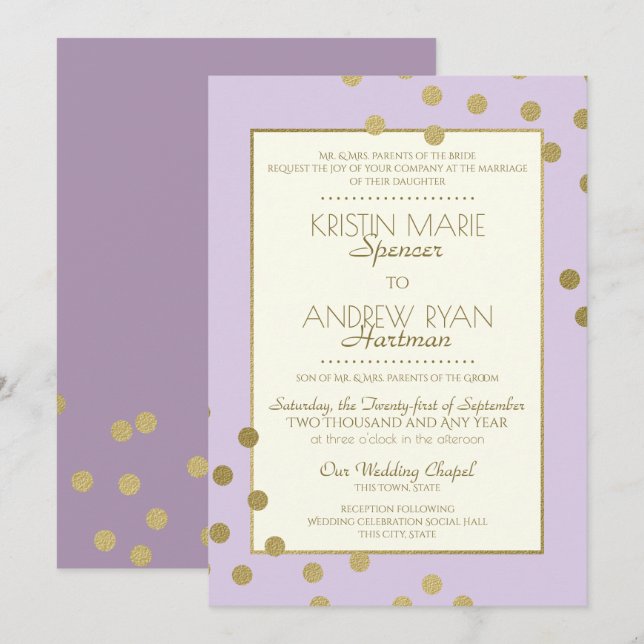 Gold Confetti Dots Lavender Celebration Wedding Einladung (Vorne/Hinten)