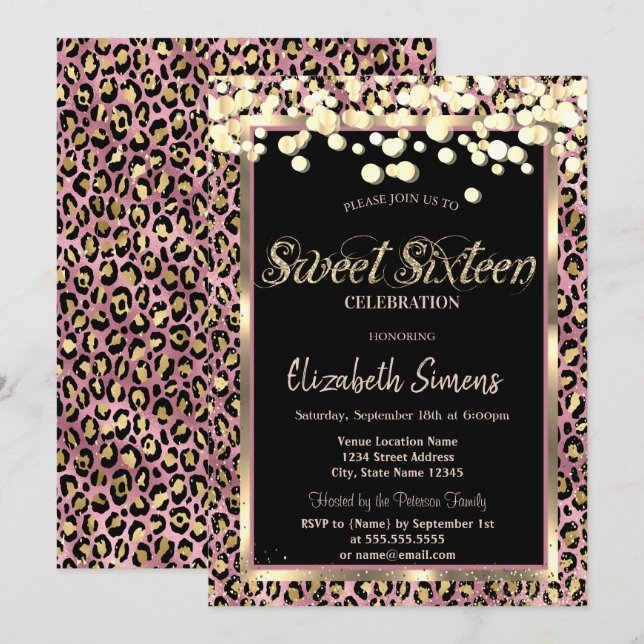 Gold Confetti Dots Leopard Print Sweet 16 Einladung (Vorne/Hinten)