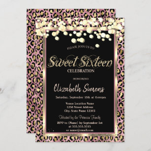 Gold Confetti Dots Leopard Print Sweet 16 Einladung