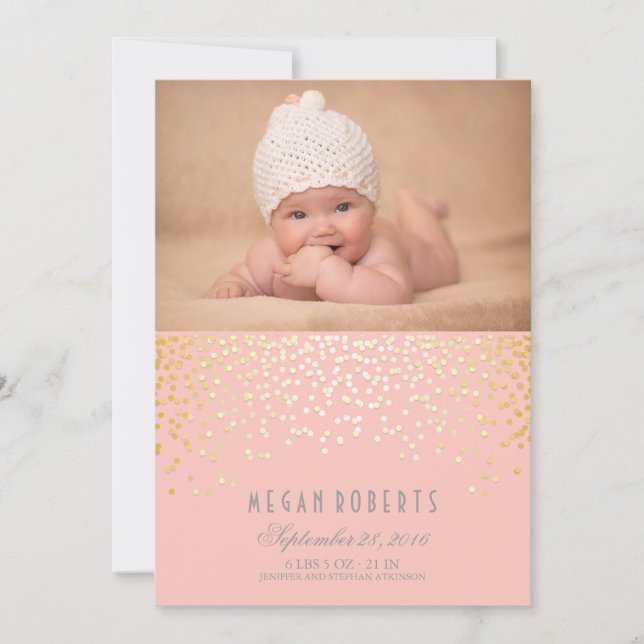Gold Confetti Dots Pink Neugeborenes Baby Foto Bir Ankündigung (Vorderseite)