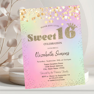 Gold Confetti Dots Prinzessin Holographic Sweet 16 Einladung