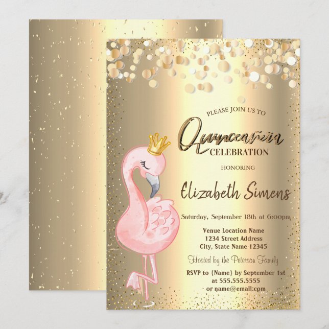 Gold Confetti Dots, rosa Flamingo Crown Quinceañer Einladung (Vorne/Hinten)