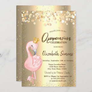 Gold Confetti Dots, rosa Flamingo Crown Quinceañer Einladung