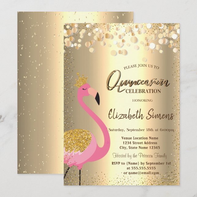 Gold Confetti Dots, rosa Flamingo Quinceañera Einladung (Vorne/Hinten)