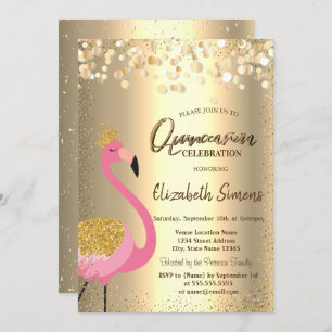 Gold Confetti Dots, rosa Flamingo Quinceañera Einladung
