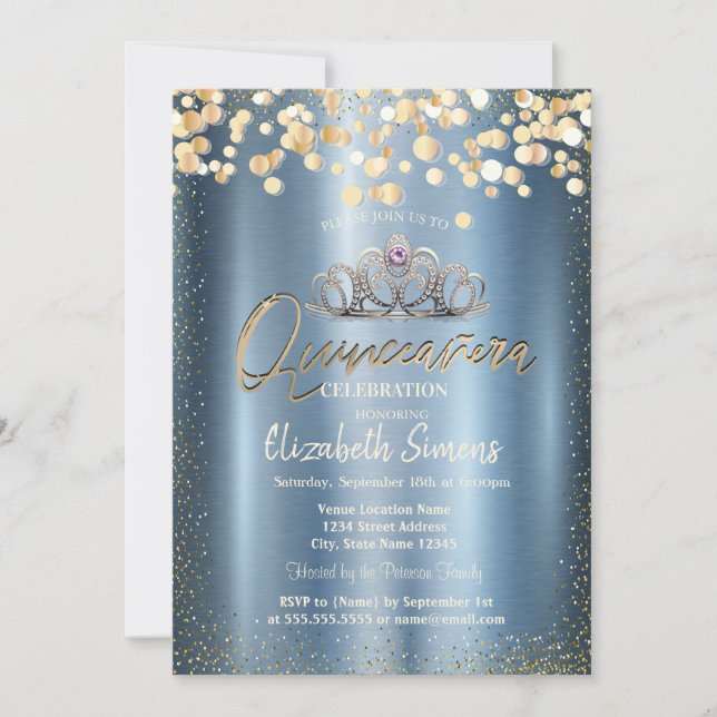 Gold Confetti Dots,Tiara Blue Metallic Quinceañera Einladung (Vorderseite)