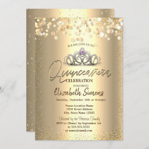 Gold Confetti Dots, Tiara Quinceañera Einladung