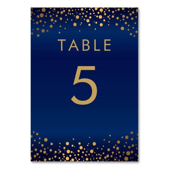 Gold Confetti Dots und Navy Blue - Table Card Tischnummer (Vorderseite)