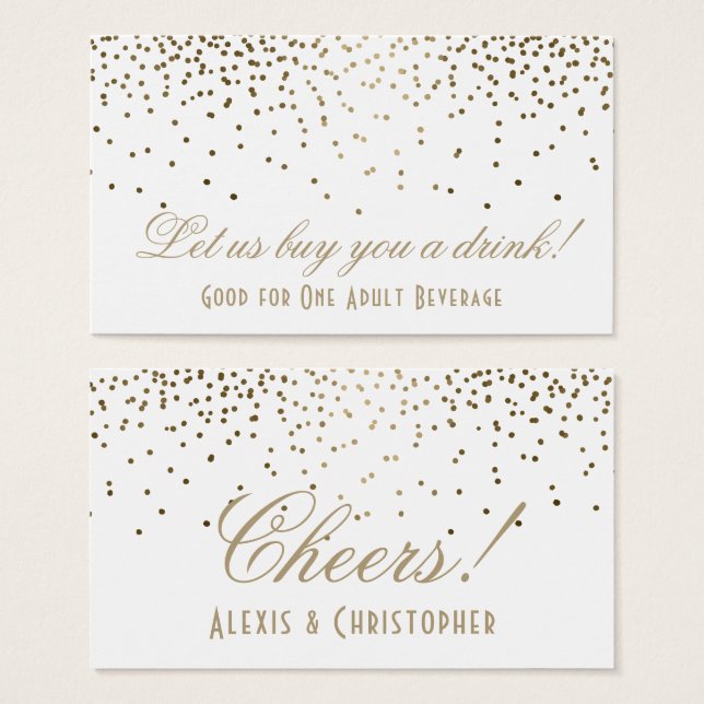 Gold Confetti Dots White Wedding Drinks Tickets (Vorne & Hinten)