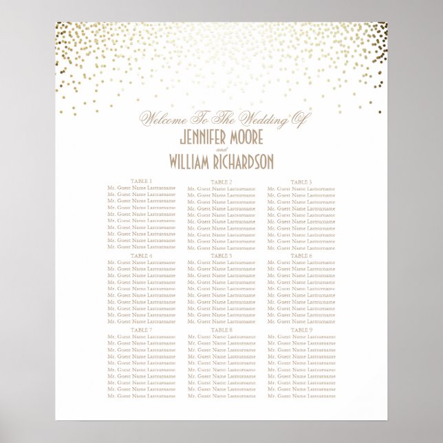 Gold Confetti Dots White Wedding Seating Chart Poster (Vorne)
