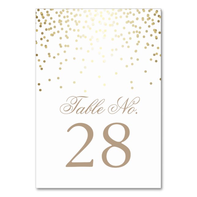 Gold Confetti Dots White Wedding Tischnummer (Vorderseite)
