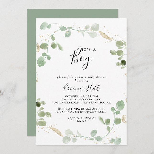 Gold Confetti Eucalyptus Es ist eine Baby-Dusche Einladung (Vorne/Hinten)