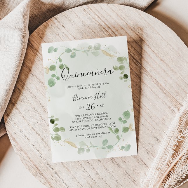 Gold Confetti Eucalyptus Foliage Quinceañera Einladung (Von Creator hochgeladen)