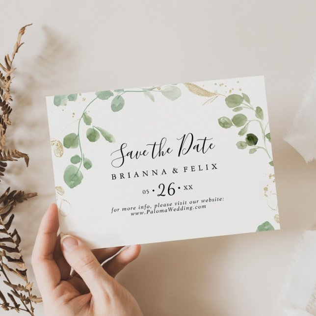 Gold Confetti Eucalyptus Horizontal Wedding Save The Date (Von Creator hochgeladen)