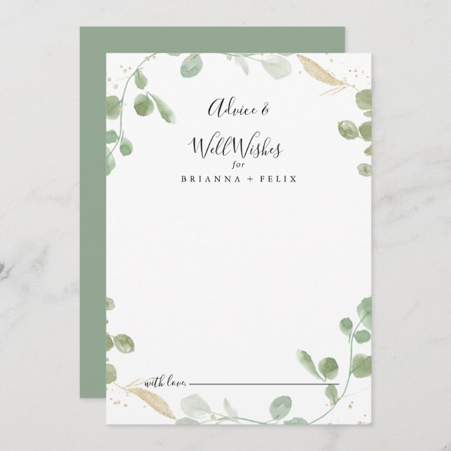 Gold Confetti Eucalyptus Wedding Well Wishings Hinweiskarte (Vorne/Hinten)