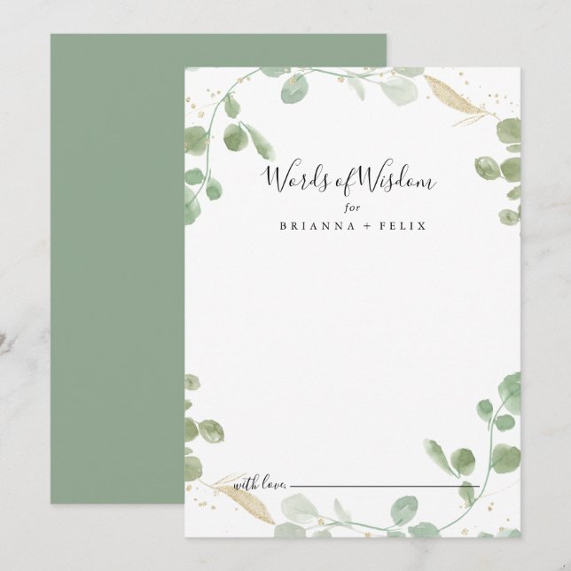 Gold Confetti Eucalyptus Wedding Words of Wisdom Hinweiskarte (Vorne/Hinten)