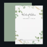Gold Confetti Eucalyptus Wedding Words of Wisdom Hinweiskarte<br><div class="desc">Diese goldene Konfetti eucalyptus Hochzeit Worte der Weisheitsratenkarte ist perfekt für eine rustikale Hochzeit. Das Design zeichnet sich durch Aquarell Eukalyptus grünes Blattwerk mit goldenen Konfetti aus. Diese Karten sind ideal für Hochzeiten, Brautparty, Babydusche, Graduiertenfest u.v.m. Personalisieren Sie die Karten mit den Namen der Braut und Bräutigam, den Eltern, die...</div>