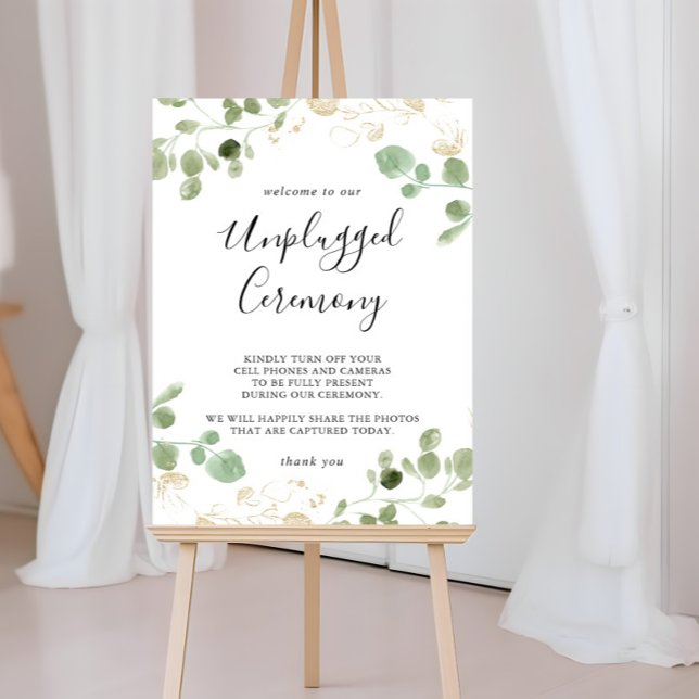 Gold Confetti Eukalyptus Unplugged Zeremony Sign Poster (Von Creator hochgeladen)