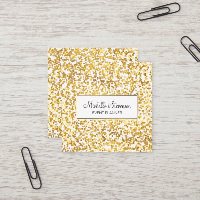 Gold Confetti Event Planner Business Cards Quadratische Visitenkarte (Vorderseite/Rückseite Beispiel)